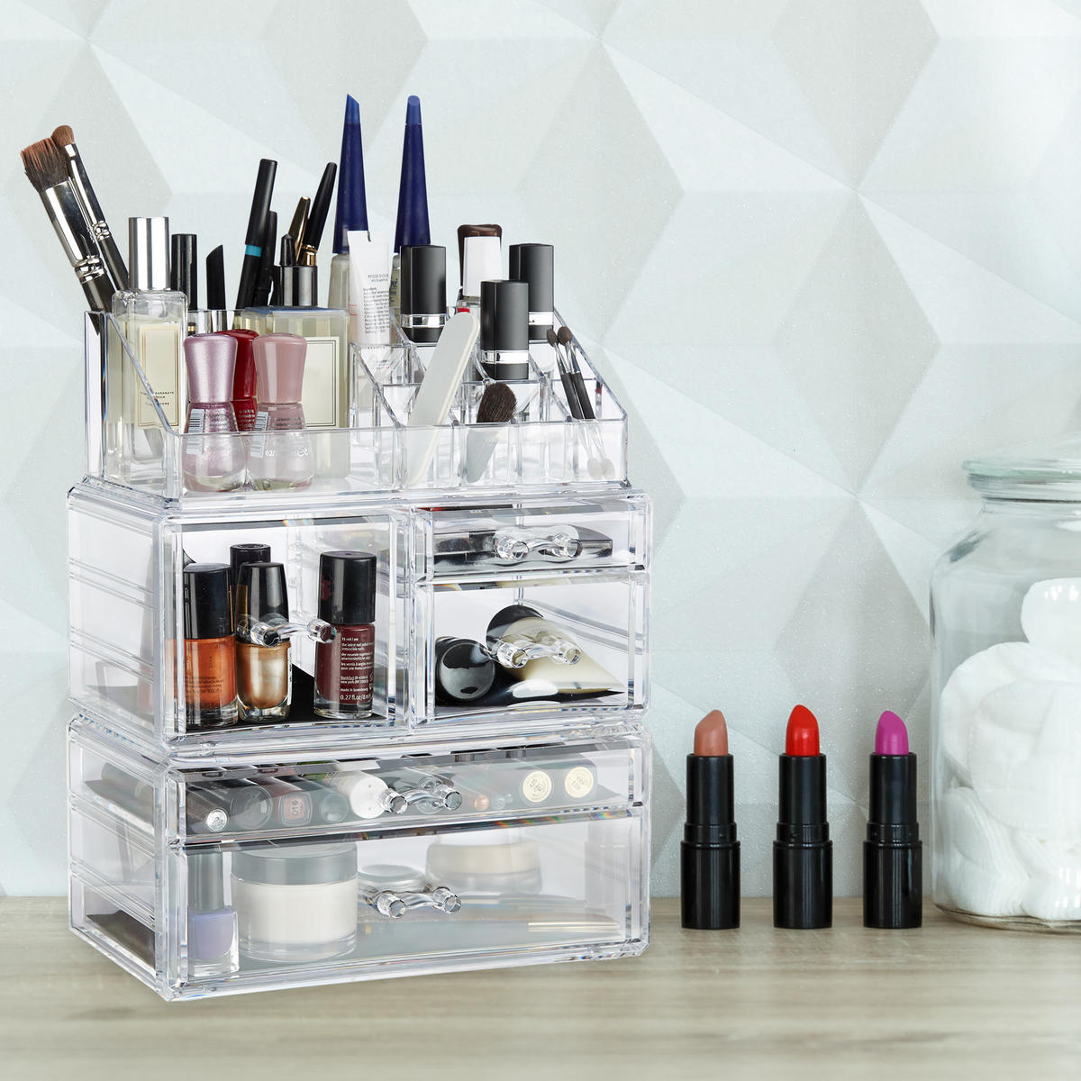 MAKEUP Organizer - Transparent, Kunststoff (23.5/29.5/14cm) - Relaxdays