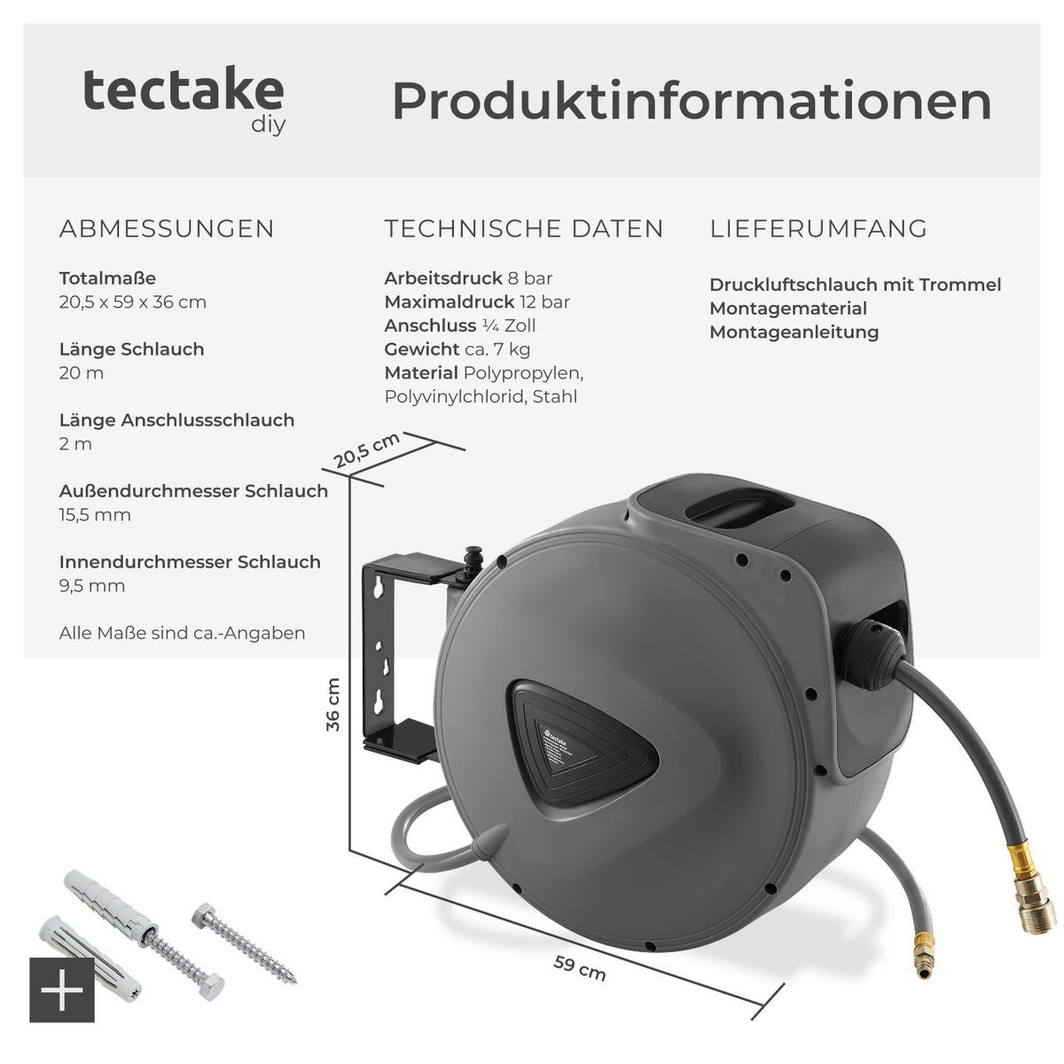DRUCKLUFTSCHLAUCH mit Trommel, inklusive Montagematerial,grau - Grau, Textil (20.5/36/59cm) - tectake