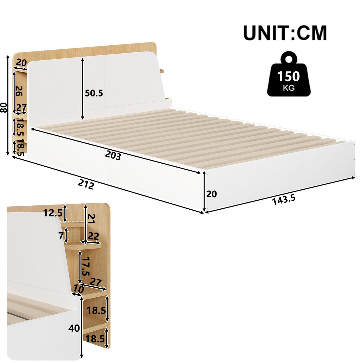 STAURAUMBETT 140/200 cm DE-04841, mit LED und Hydraulik in Weiß - Weiß, Holz/Holzwerkstoff (140/200cm) - ComfortXL