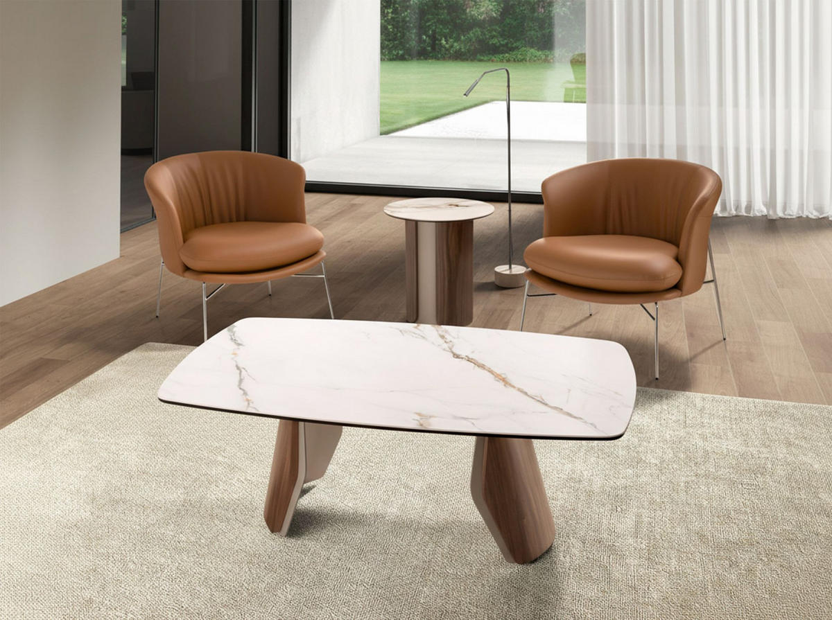 ANGEL Cerdá Ovaler Couchtisch aus Feinsteinzeug, Sandstahl & Nussbaum 120×70×43 cm - Sandfarben/Walnussfarben, Holz/Keramik (70/120/43cm) - ANGEL CERDA