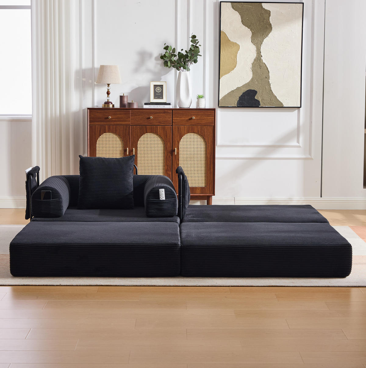 SESSEL mit Hocker 112/190/67 cm frei kombinierbar, Cordbezug, ergonomisch und montagefrei, Schwarz - Schwarz, Textil (190/67/112cm) - Redom
