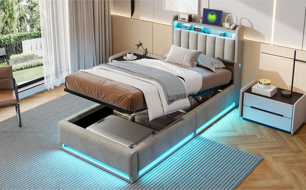 POLSTERBETT 90x200 cm Samt LED USB Bettkasten - Grau, Holz (90/200cm) - SHOPENTRA