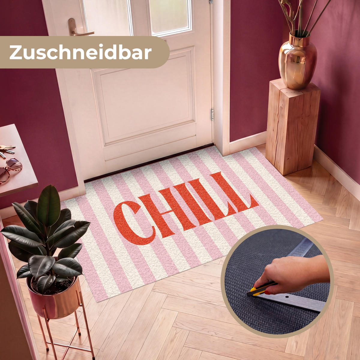 FUSSMATTE Zartrosa – Rot – Streifen – Chill 150x90 cm - Rosa, Kunststoff (150/0.4cm) - MuchoWow