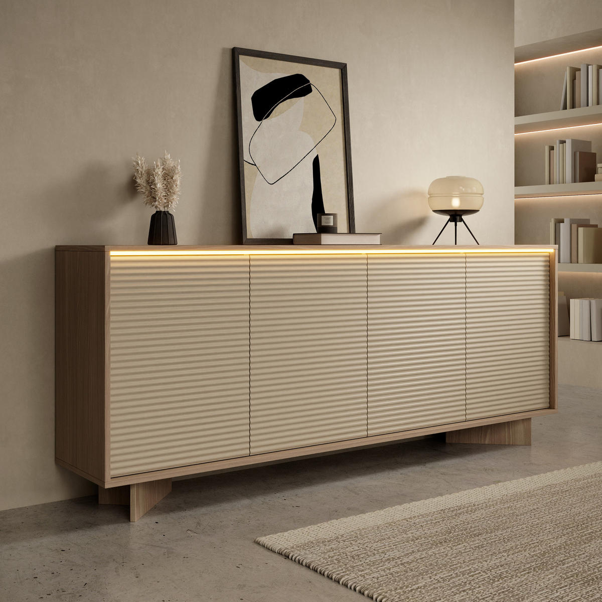 SIDEBOARD TORSANO (Bolivar Natur/Cappuccino, 4 Türen, LED-Beleuchtung, Push-to-Open) - Eichefarben/Beige, Holz/Holzwerkstoff (204/84/40cm) - Ravio