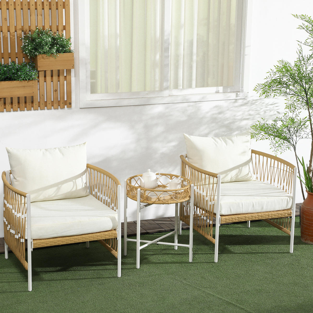 BISTRO-SET 3-teiliges DE-06712 Gartenmöbel-Set, PE-Rattan Gelb/Creme - Gelb, Kunststoff/Metall - ComfortXL