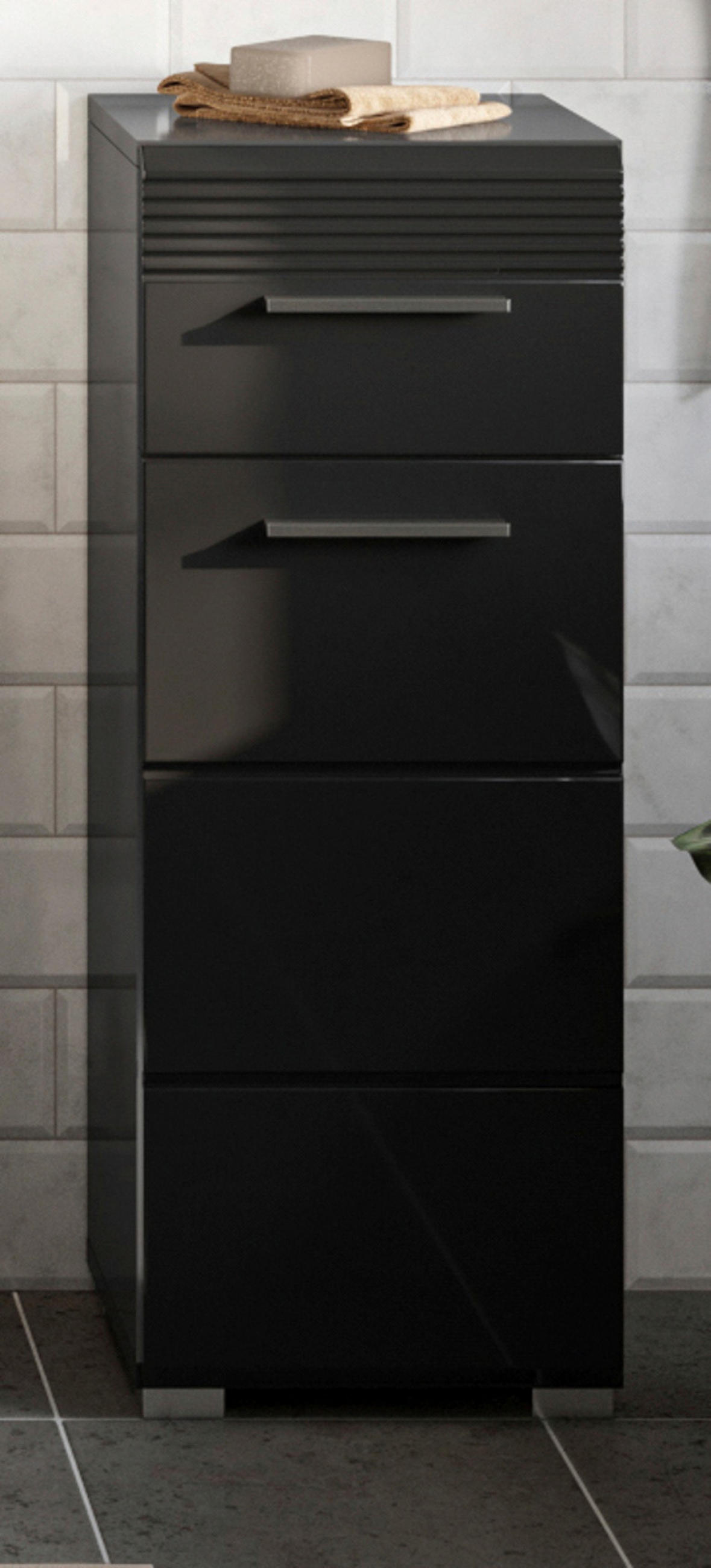 UNTERSCHRANK schwarz Hochglanz 30 cm, Badschrank mit Vollauszug - Schwarz Hochglanz/Silberfarben, Holzwerkstoff/Kunststoff (30/79/31cm) - Inn.Furn