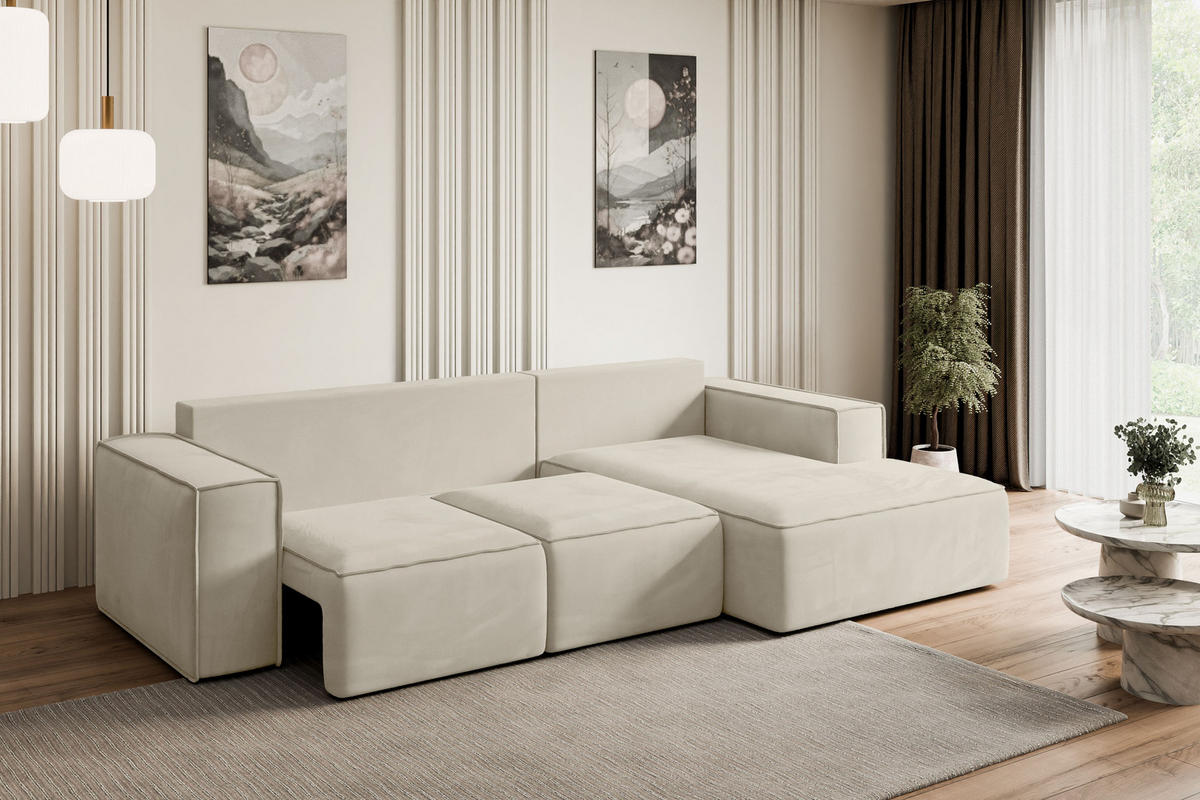 ECKSOFA mit Schlaffunktion und Bettkasten SERRA-L-S - 266x161x87 cm Beige Velours - Beige/Schwarz, Holzwerkstoff/Kunststoff (266/161cm) - ALTDECOR