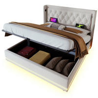 POLSTERBETT 140/200 cm mit LED-Beleuchtung, USB-C, hydraulischem Bettkasten und Matratze, Baumwolle, Beige - Beige, Textil (140/200cm) - Redom