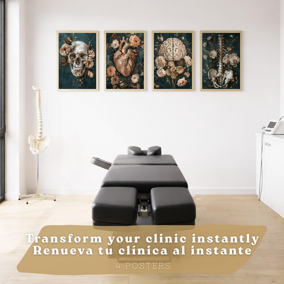 POSTER Set aus 4 Anatomie Drucke und Wandbilder mit Leber Lungen Atmungssystem Skelett Schädel Wirbelsäule Vintage Zeitungsstil Größe Rahmenlos A3 - Klar, Papier (29.7/42/3cm) - Nacnic