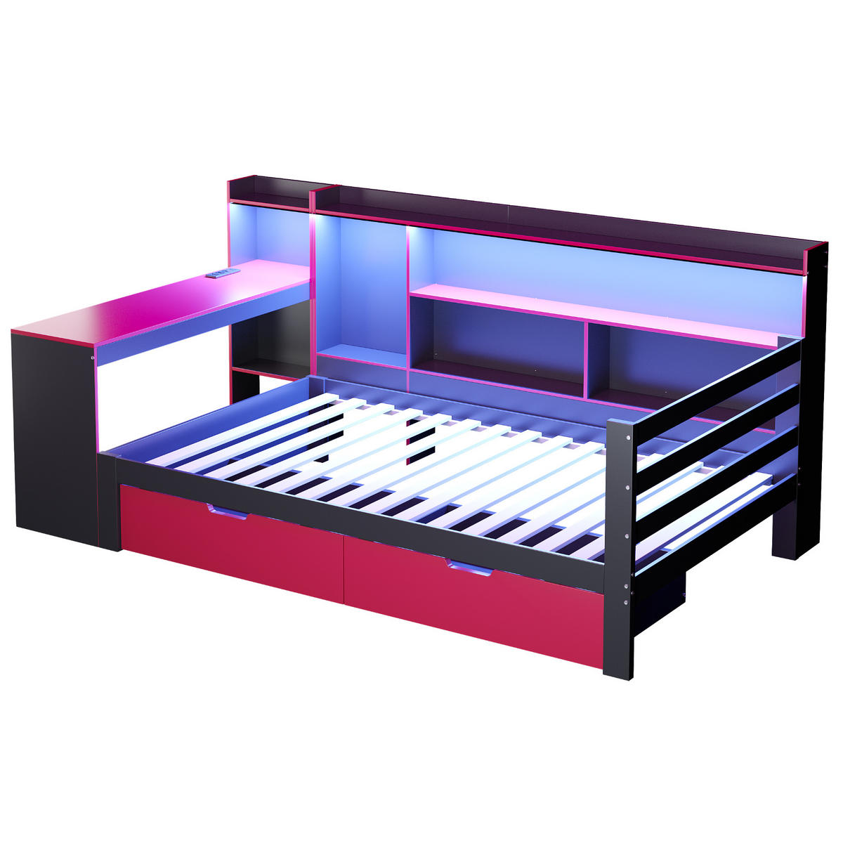 KINDERBETT 90/200 cm DE-01551, in Schwarz + Rot, mit Schreibtisch, Bücherregal und LED - Rot, Holz (90/200cm) - ComfortXL