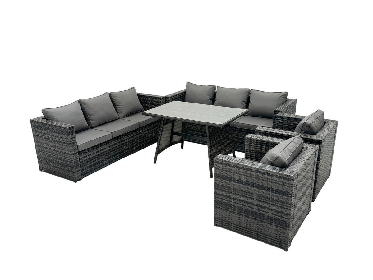 LOUNGESOFA SET mit Stuhl Esstisch Polyrattan 8-Sitzer - Dunkelgrau/Grau, Glas/Kunststoff - Fimous