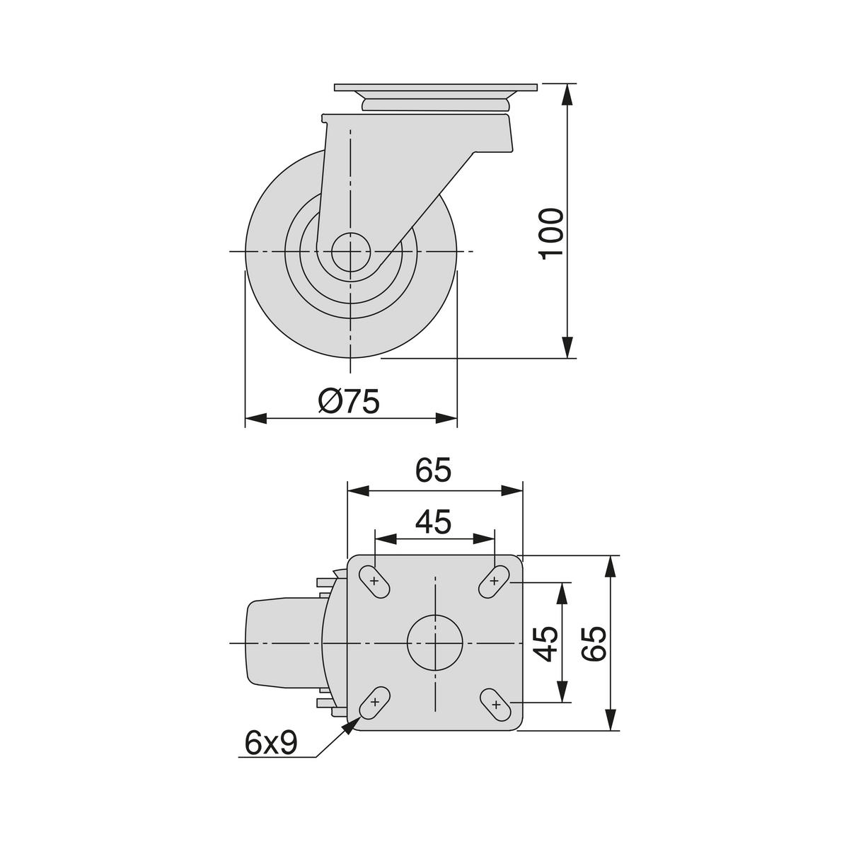 ROLLEN Black mit Montageplatte, Durchmesser 75mm, Kunststoff und Stahl, schwarz 4er-set - Schwarz, Kunststoff (6.5/10/6.5cm) - EMUCA