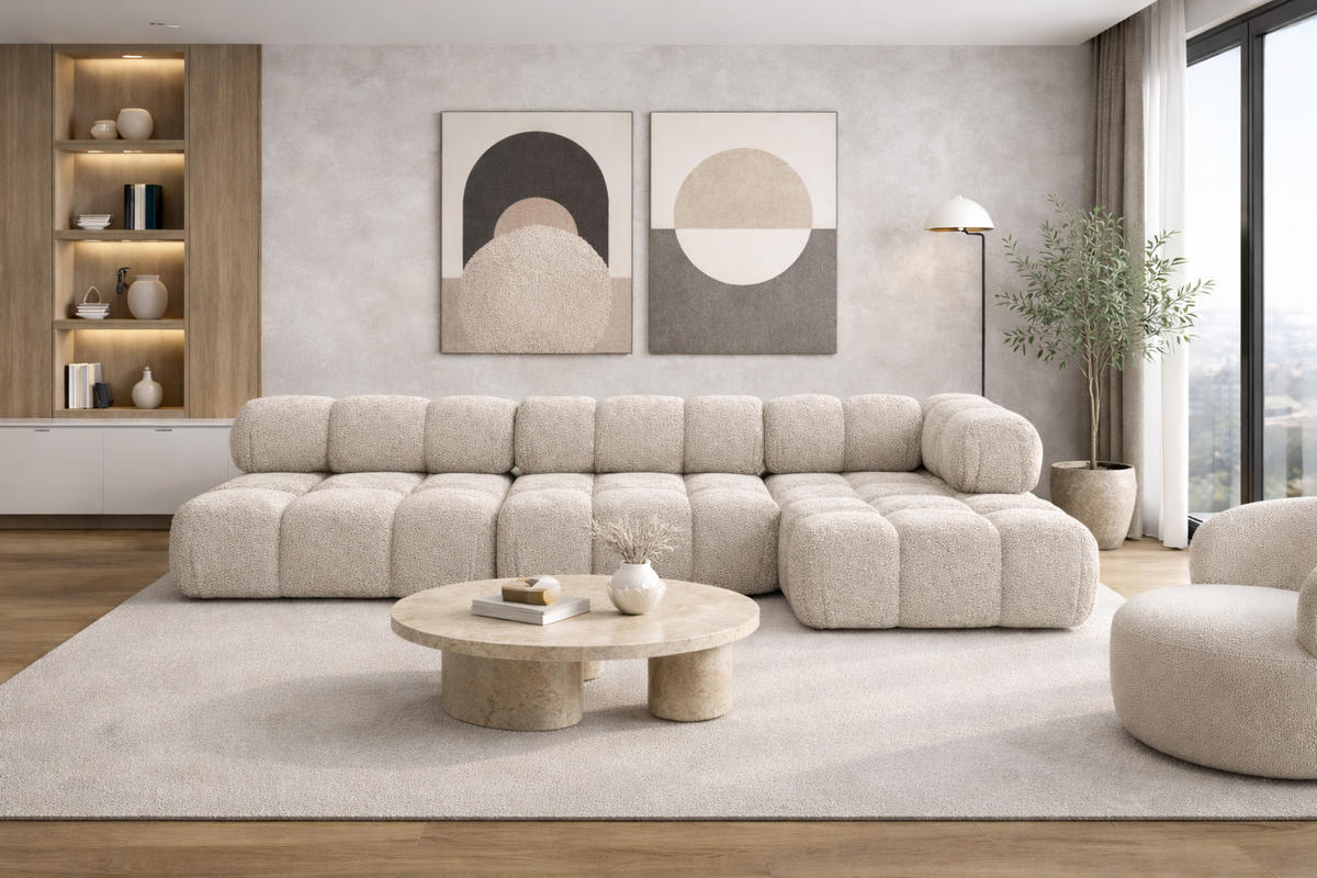 ECKSOFA L-Form Modulare, Bouclé-Stoff Abriamo, Beige, Rechts, Selia - Beige, Holz (285/160cm) - Kaiser Möbel