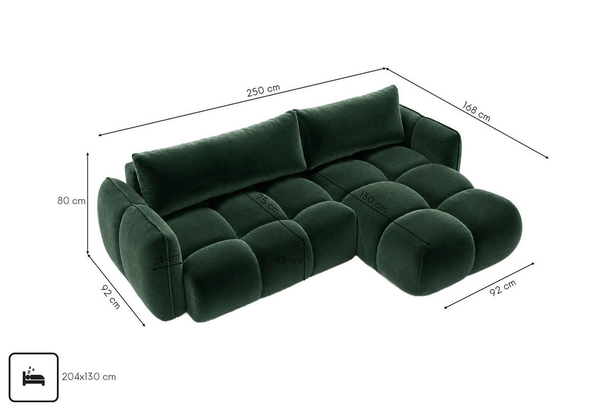 ROHOVÁ SEDAČKA ve tvaru L s funkcí spaní, velurová tkanina Bluvel, Zelená, Pravá strana, BELVEDER L - zelená barva, dřevo (250/168cm) - Kaiser Möbel