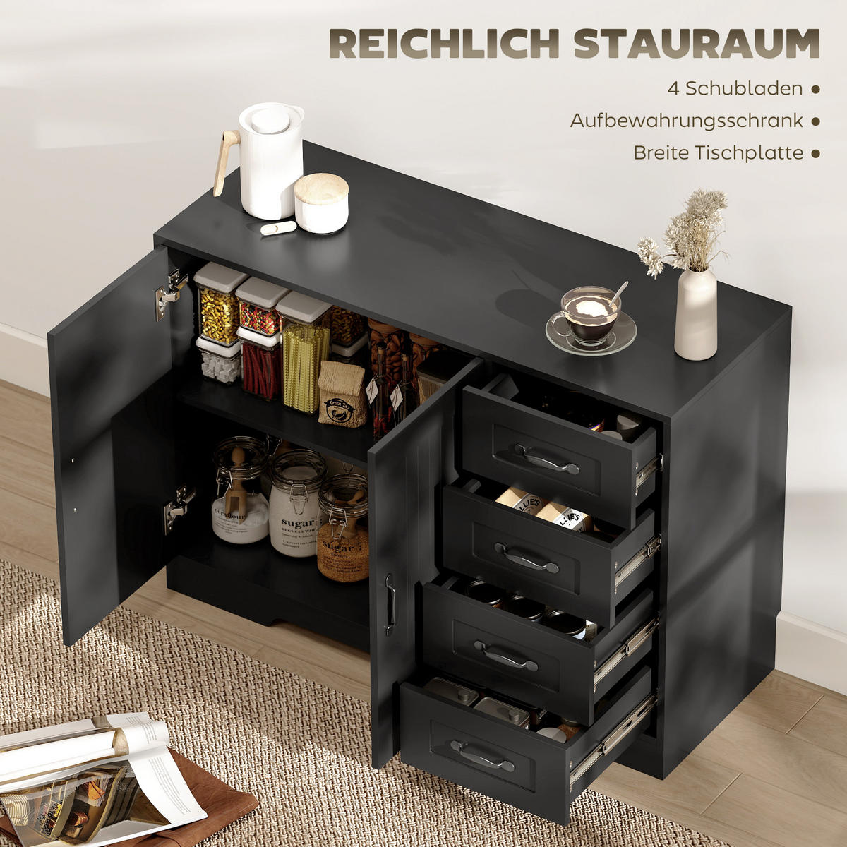 SIDEBOARD, Beistellschrank mit 4 Schubladen, verstellbarer Einlegeboden, Schwarz - Schwarz, Holzwerkstoff/Metall (40/76/105cm) - HOMCOM