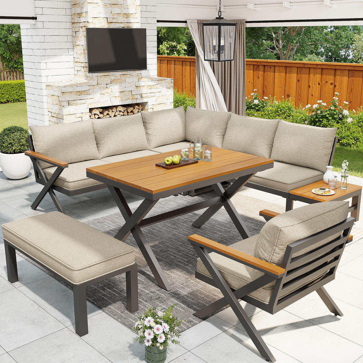 GARTENSETS aus Eisen Beige mit modularer Sitzgruppe im X-Design - Beige, Metall - Modfu