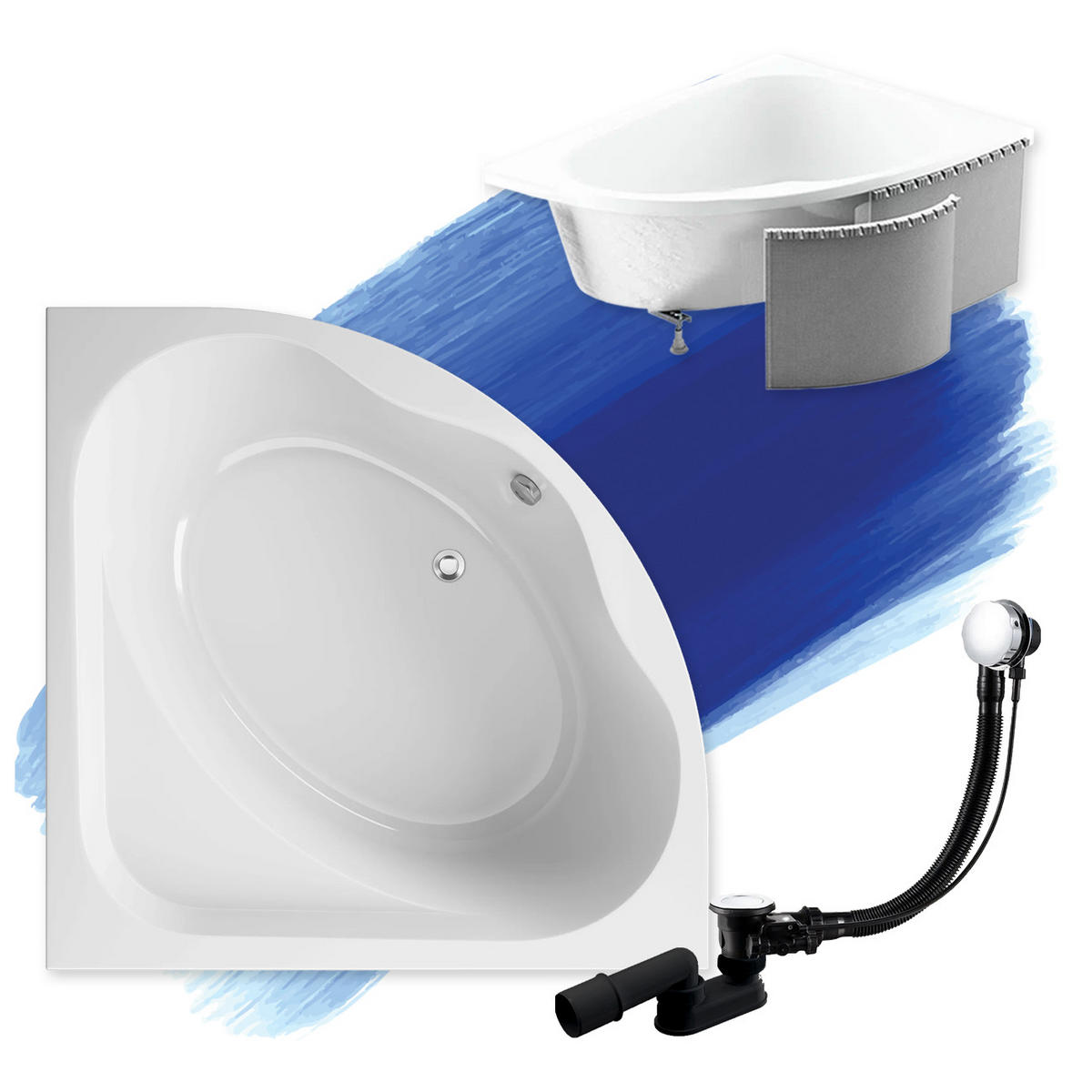 BADEWANNE Eckwanne STANDARD 150/150 mit Styro Ablauf Füße - Weiß, Kunststoff (150/62/150cm) - bad land