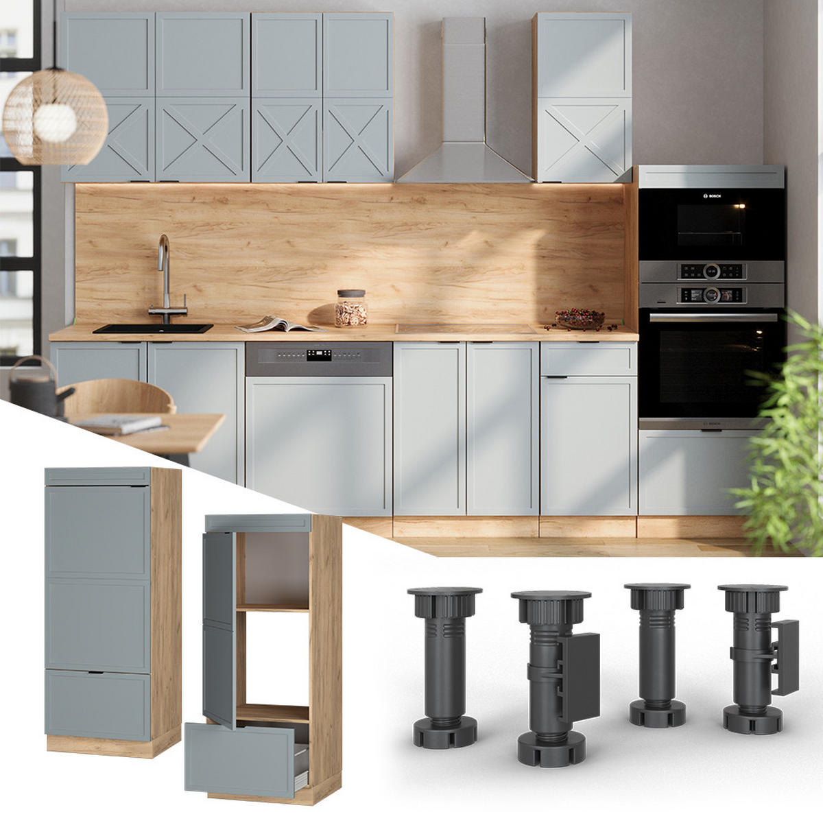 MIKROWELLENSCHRANK Fame-Line Hellblau-grau 60 cm - Honigeiche/Eiche Wotan, Holzwerkstoff (60/153.6/58.1cm) - Vicco