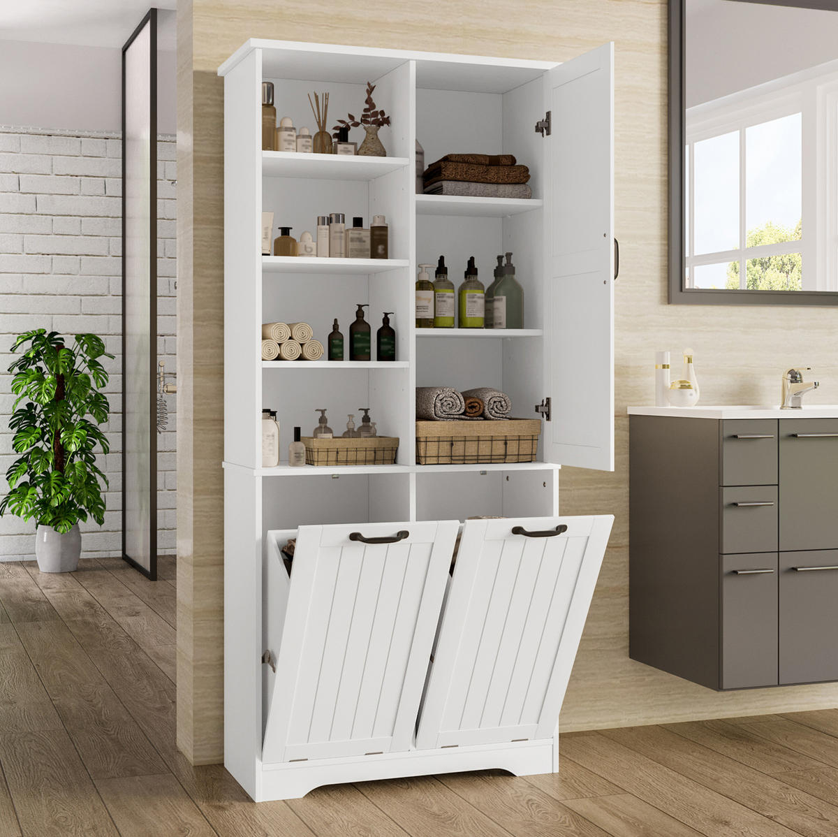 HOCHSCHRANK 78/35/172,7 cm aus MDF mit doppeltem Wäschekorb Weiß - Weiß, Holzwerkstoff (78/172.7/35cm) - Modenvie