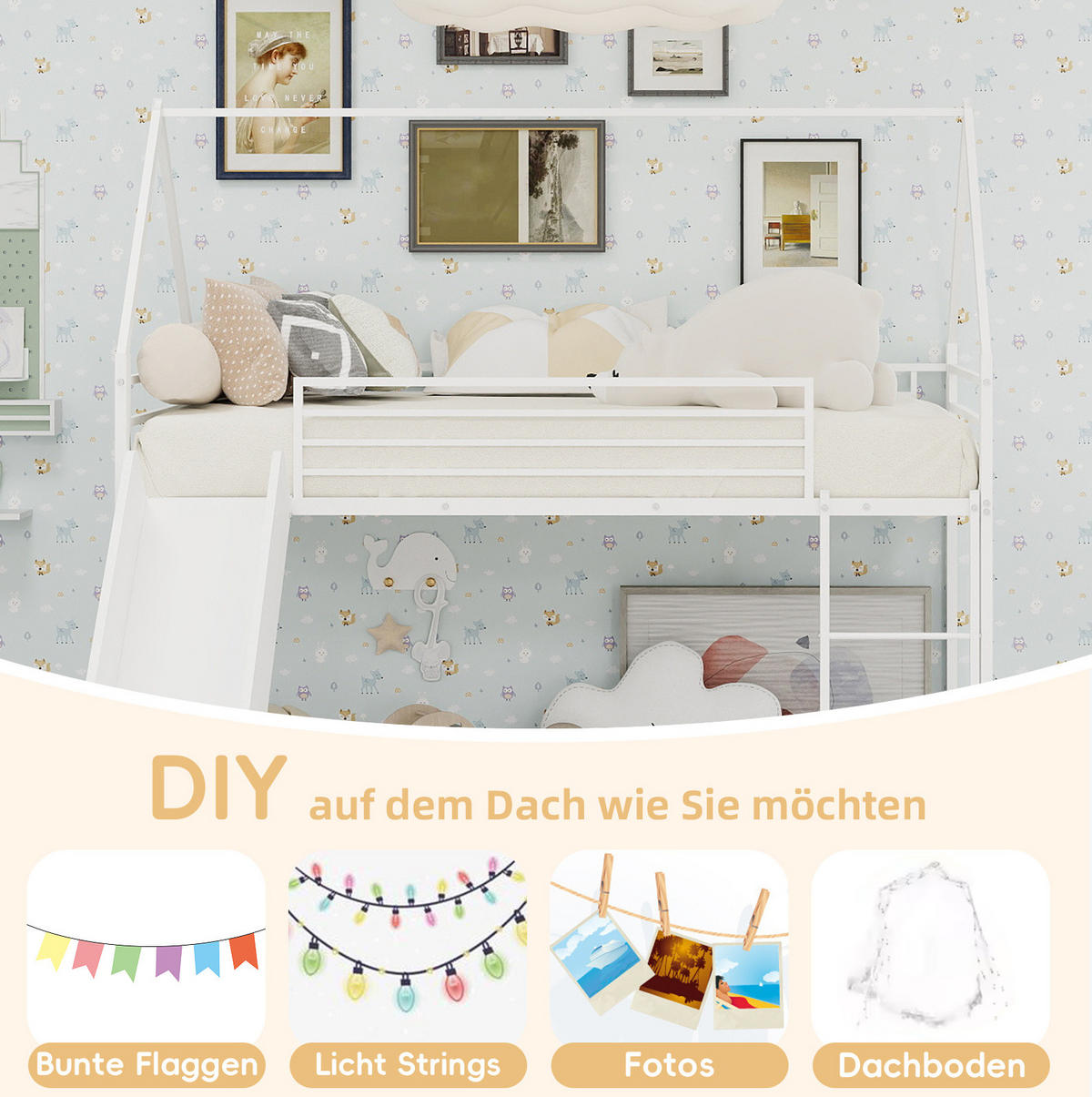 ETAGENBETT Hausdesign 90/190 cm Weiß mit Rutsche und Treppe - Weiß, Metall (90/190cm) - MIVRAY