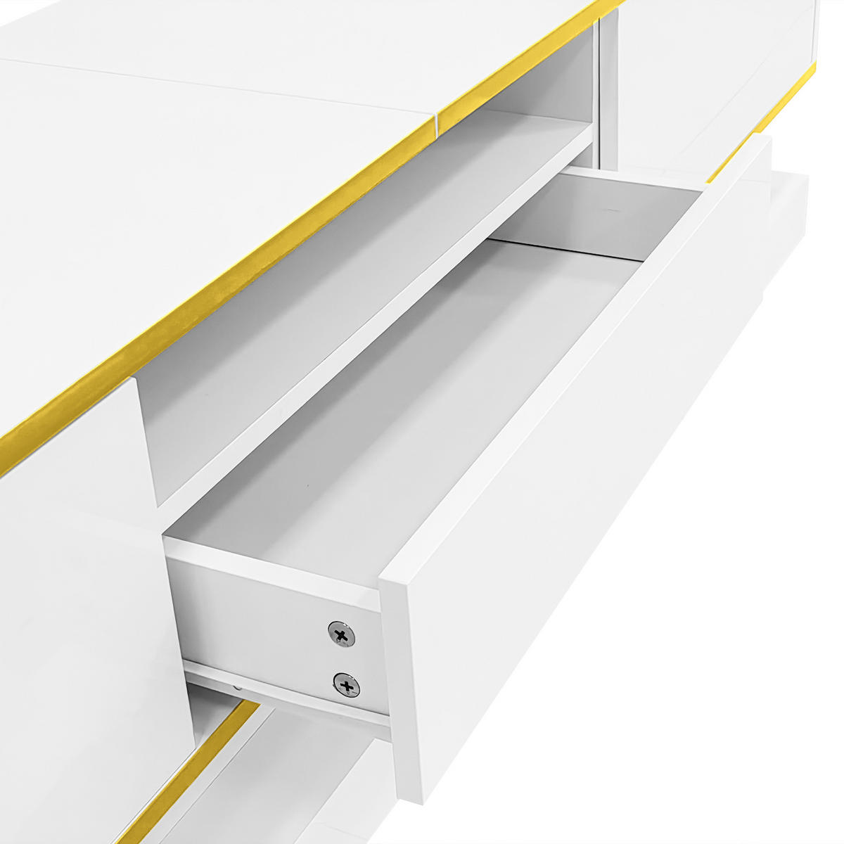 LOWBOARD in Weiß und Gold mit 3 Schubladen und LED-Beleuchtung für Wohnzimmer, B180/T38/H45 cm - Weiß, Holzwerkstoff/Metall (180/45/38cm) - STILVORA