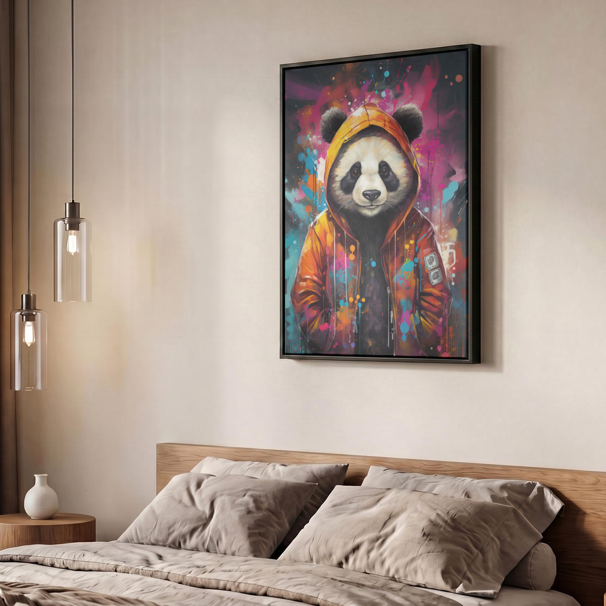 LEINWAND Bilder mit Rahmen - Panda - Jacke - Graffiti - Orange - 50x70 - Orange, Textil (50/70cm) - MuchoWow
