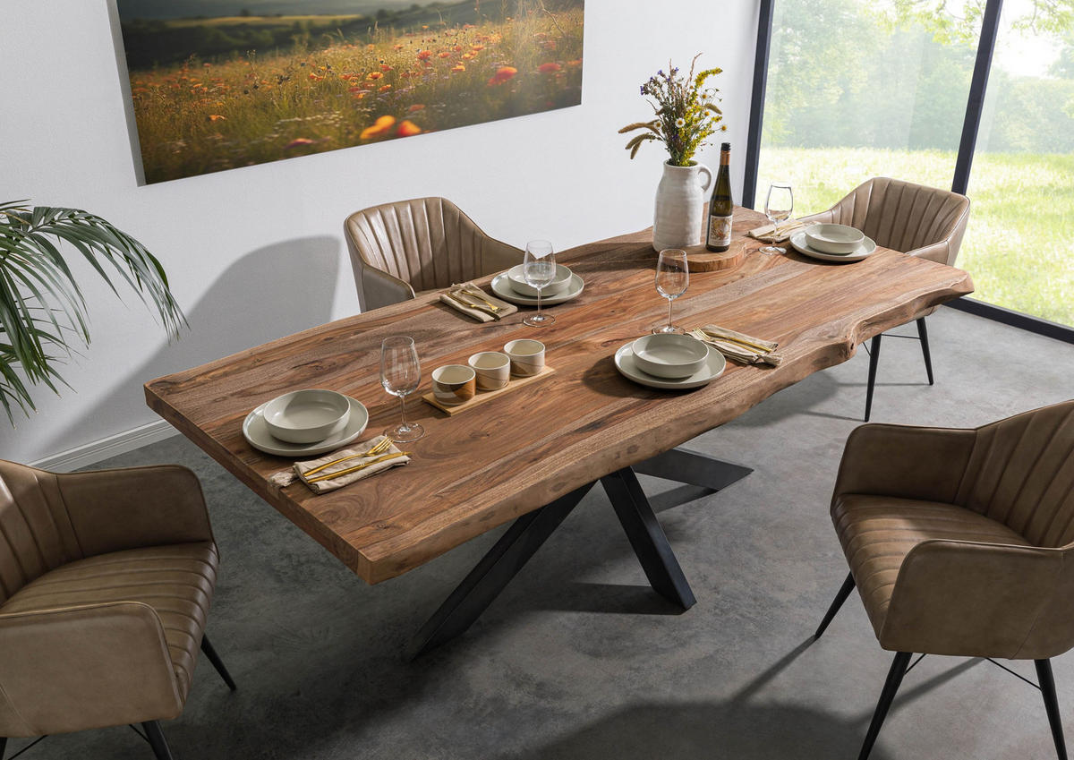 BAUMTISCH Sheesham 180x90x77 grau gebeizt / Kreuzgestell anthrazit glänzend FREEFORM 5 - Grau, Holz (180/90/77cm) - Massivmoebel24