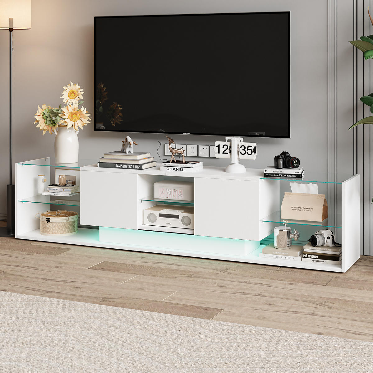 LED TV-LOWBOARD 200 cm– Modernes TV-Board mit Stauraum, Weiß - Weiß, Holz (35/45/200cm)