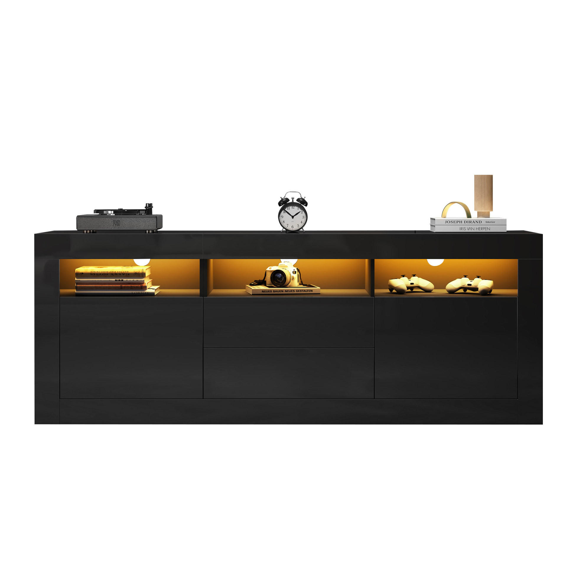 Modfu TV stolek z dřevotřísky 160x35x60 cm černý s LED osvětlením, 2 dvířky, 2 zásuvkami a 3 otevřenými přihrádkami