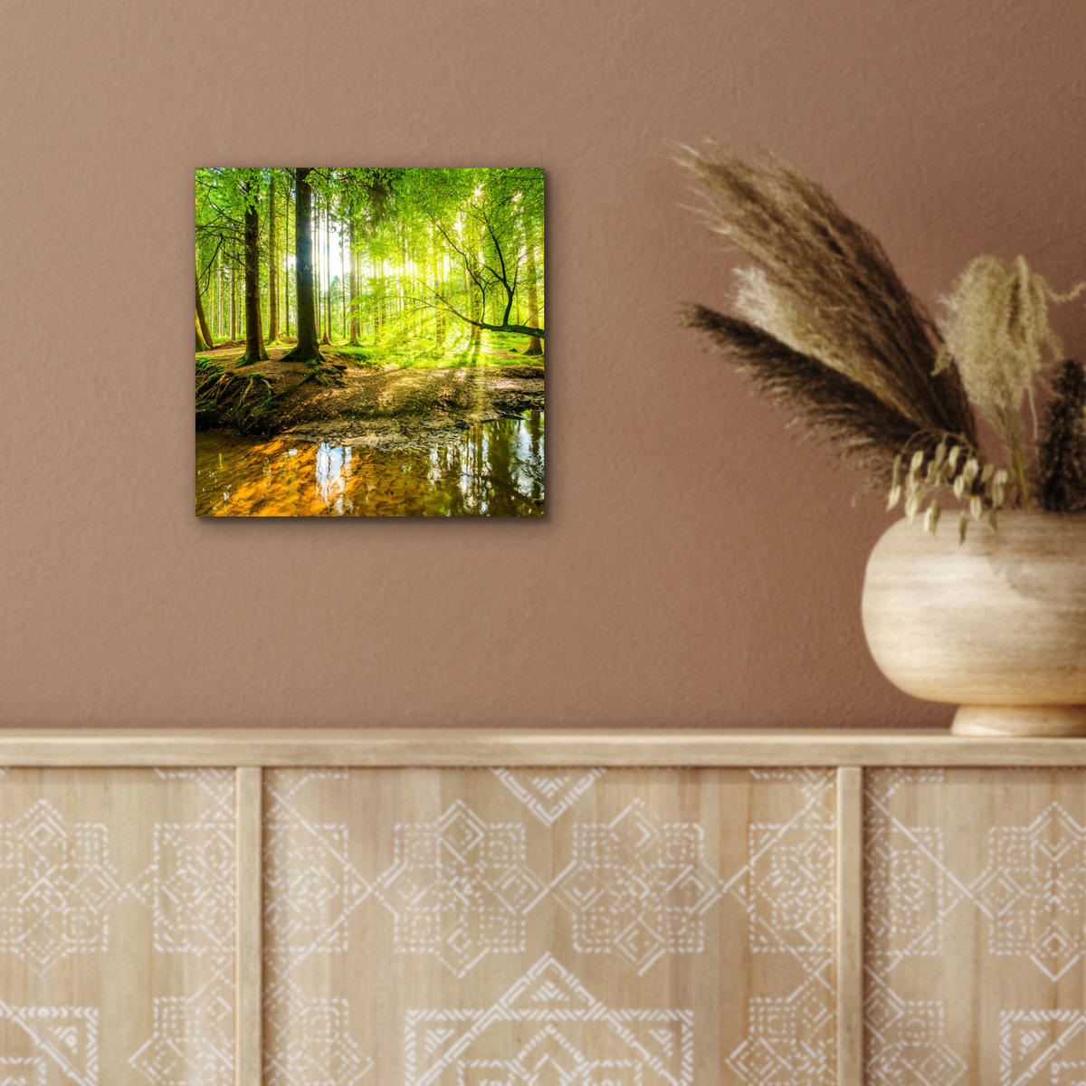 METALLBILD Wald - Landschaft - Wasser - Bäume - Sonne - Grün - Natur 20x20 cm - Grün, Metall (20/20cm) - MuchoWow