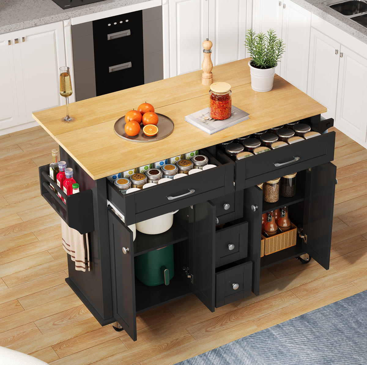 KÜCHENINSEL 140/89/40 cm Schwarz/Natur aus MDF mit ausklappbarer Arbeitsplatte - Schwarz, Holzwerkstoff (65/89/140cm) - OKMYHOME