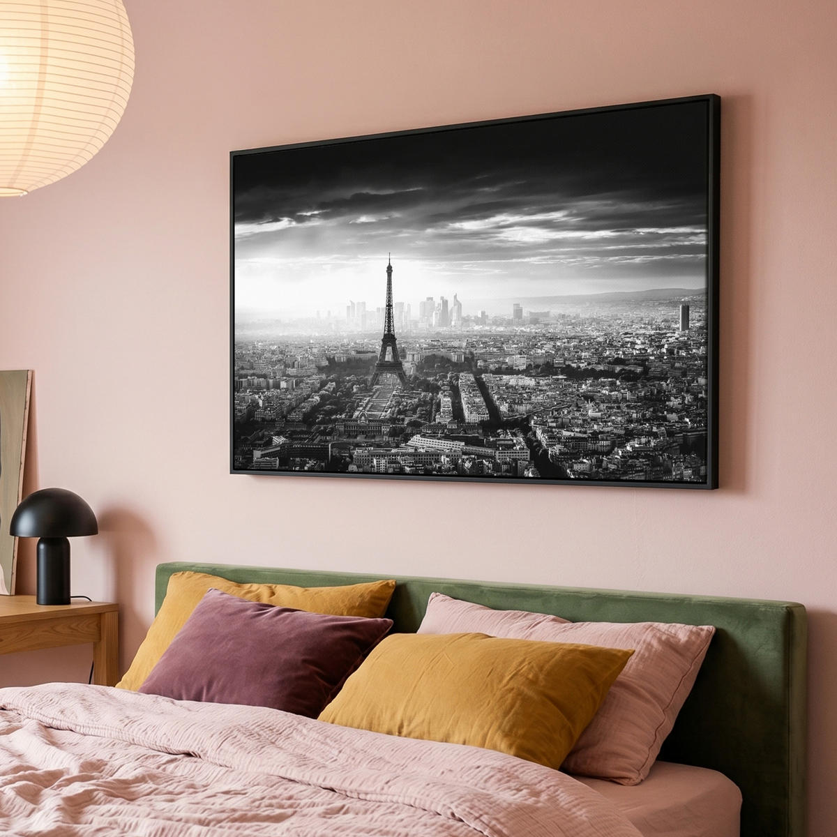 LEINWAND Bilder mit Rahmen - Paris - Skyline - Eiffelturm - Stadt - Wolken - 120x80 - Dunkelgrau, Textil (120/80cm) - MuchoWow