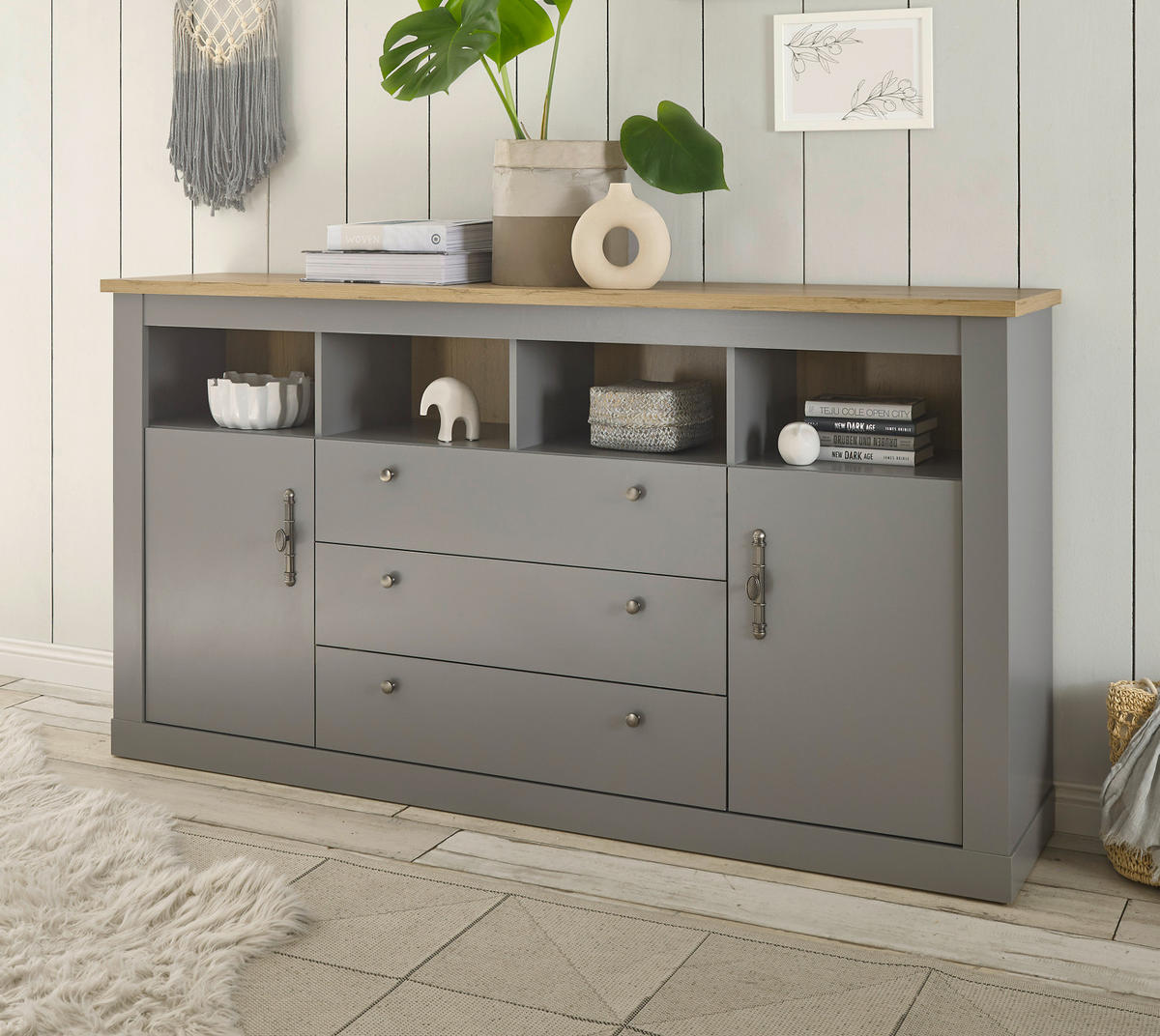SIDEBOARD grau, Artisan Eiche Landhaus, Kommode 198 x 104 cm - Silberfarben/Hellgrau, Holzwerkstoff/Metall (198/104/44cm) - Furn.Design