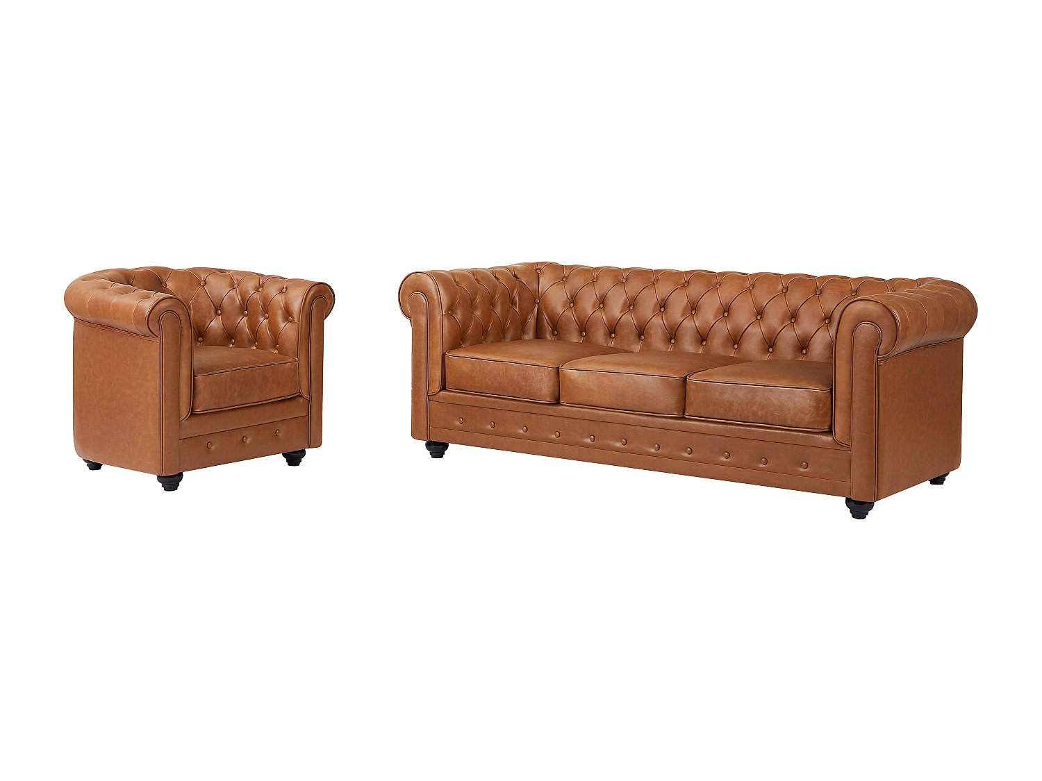 SOFA 3-Sitzer & Sessel - Rindsleder - Camelfarben - CHESTERFIELD - Braun, Leder (205/72/88cm) - Vente-Unique
