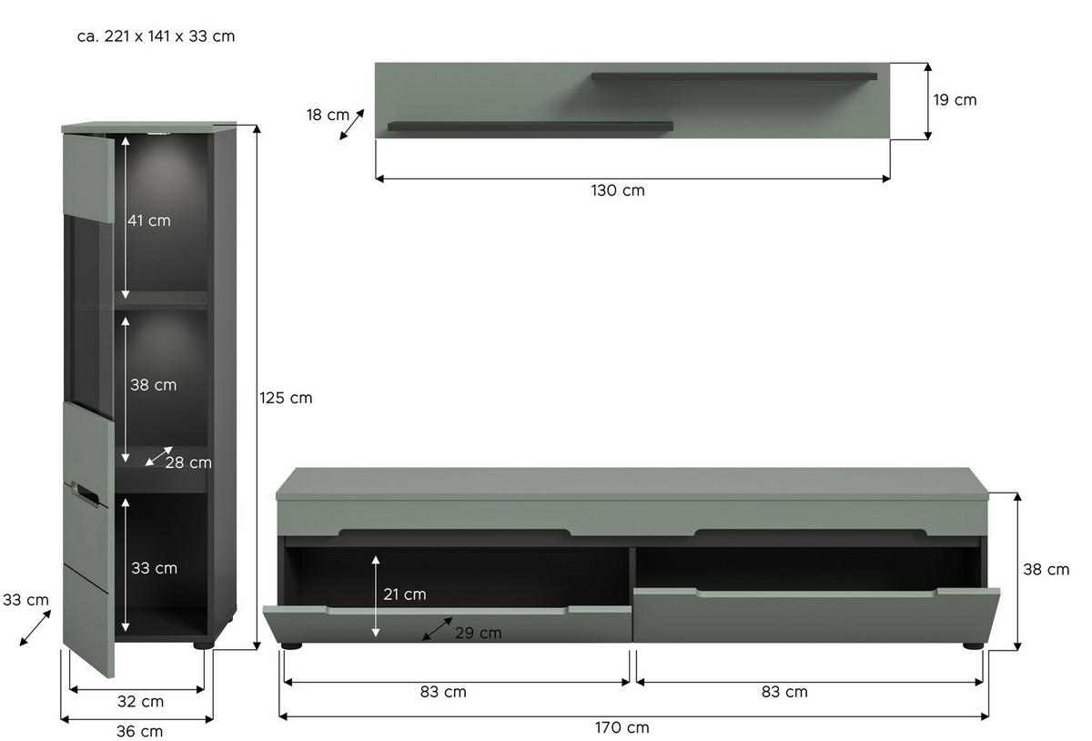 WOHNWAND inkl Beleuchtung Nova 3 tlg. (B/H/T: ca. 221/141/33 cm) in Basalt grau/Smoke Green - Grau, Holzwerkstoff (221/141/33cm)