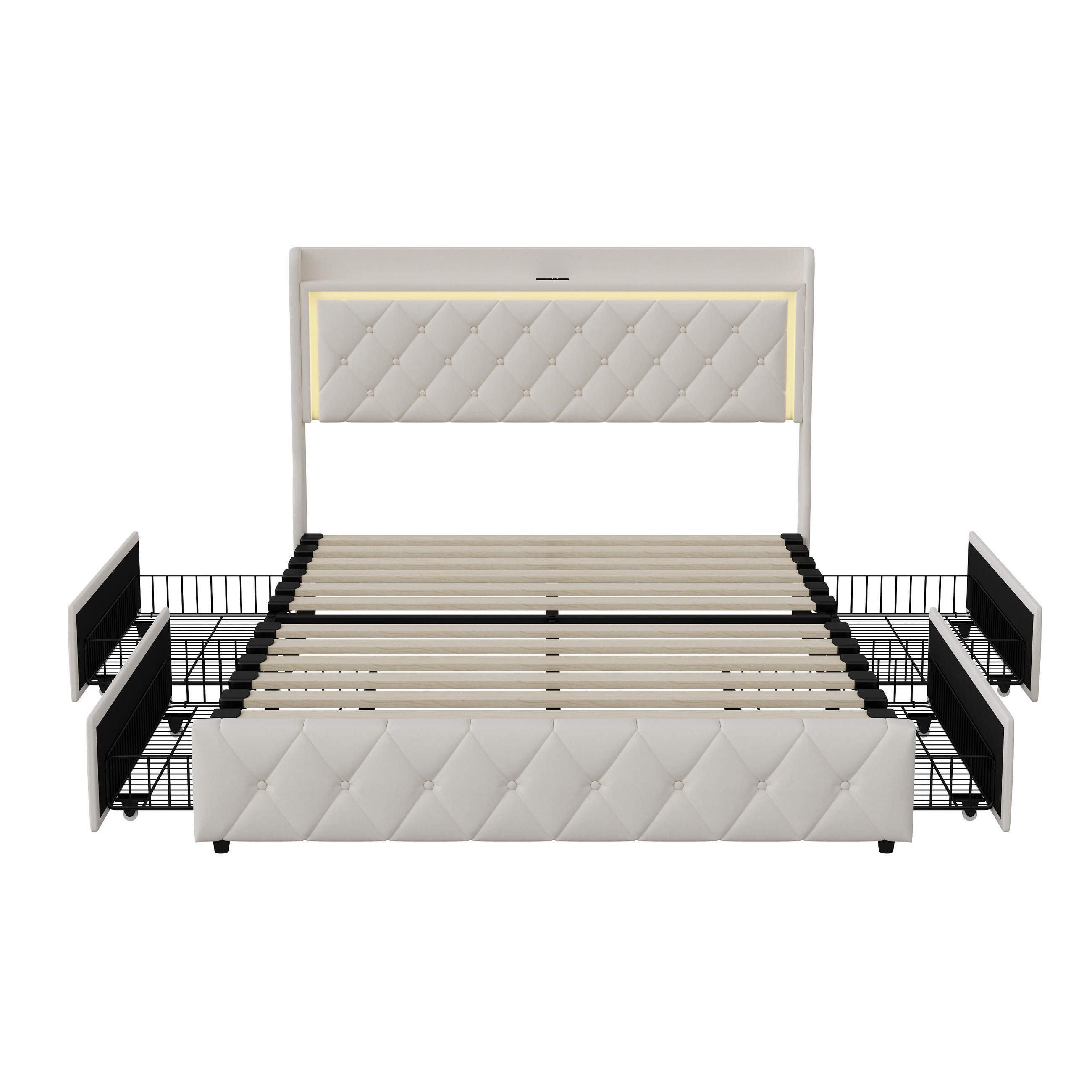 POLSTERBETT 140x190 cm mit LED, USB, 4 Schubladen, Beige - Beige, Holz (140/190cm)