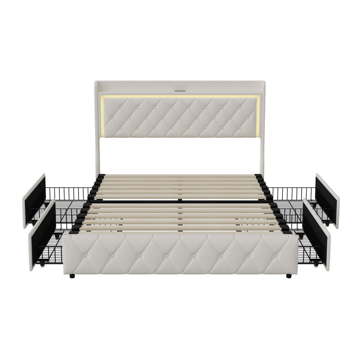 POLSTERBETT 140x190 cm LED USB Stauraum 4 Schubladen Lattenrost beige - Beige, Holz (140/190cm) - LEBENLANG