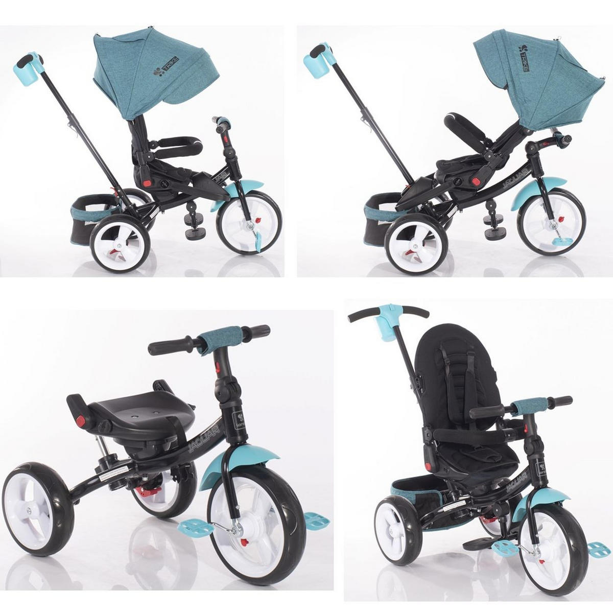 DREIRAD Jaguar 4 in 1 blau schwarz Schiebestange Sitz drehbar, verstellbar, Faltdach - Blau, Metall (120/53/103cm) - Lorelli