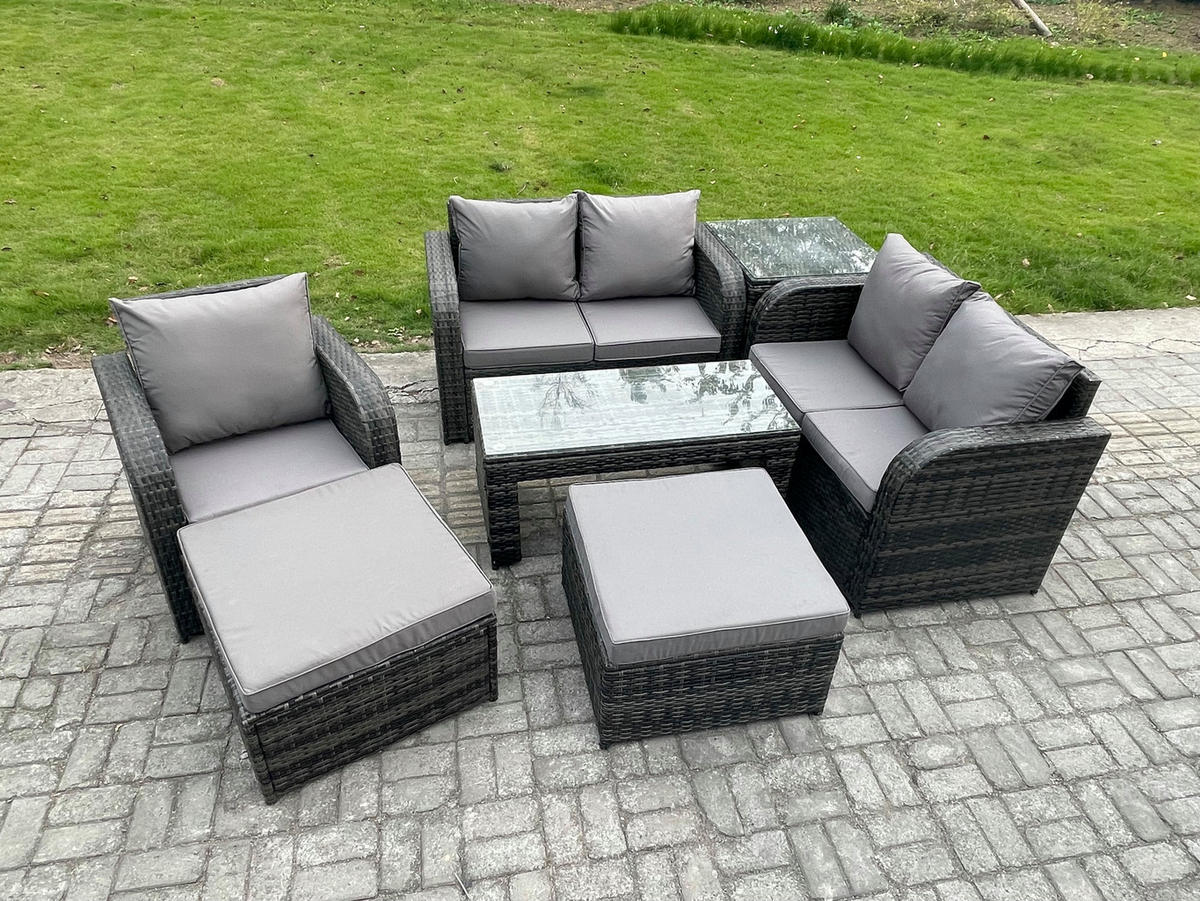 GARTENSOFA SET mit rechteckigem COUCHTISCH Polyrattan 7-Sitzer Dunkelgrau - Dunkelgrau/Grau, Glas/Kunststoff - Fimous