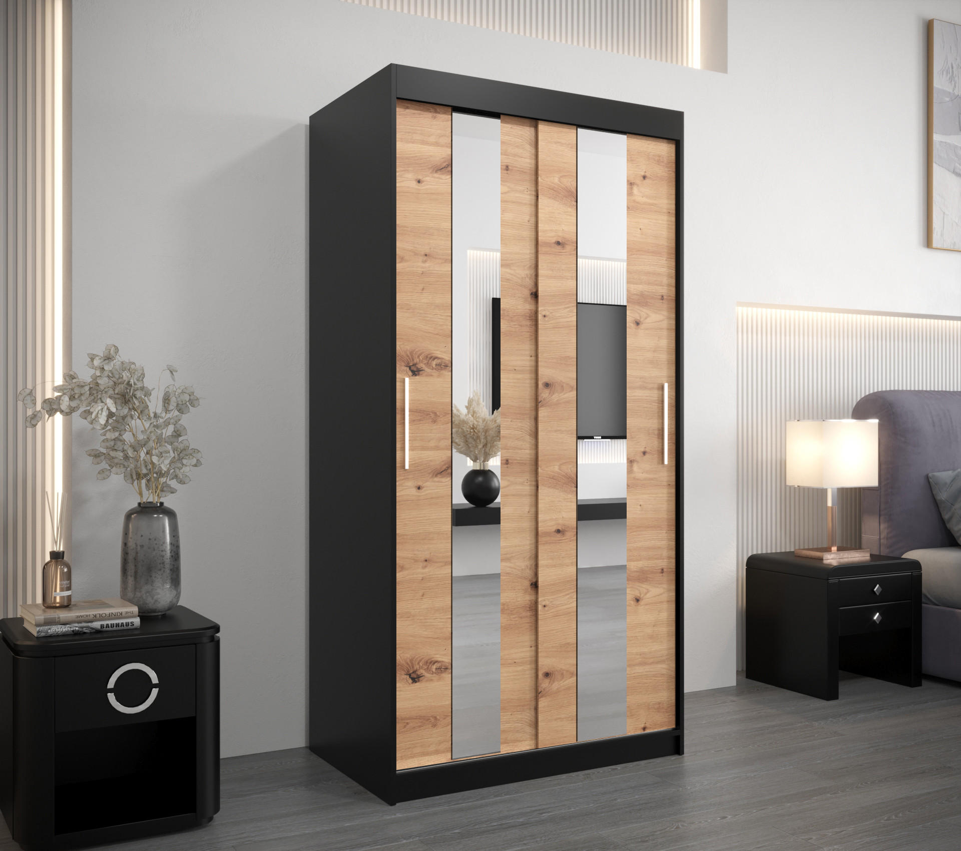 SCHWEBETÜRENSCHRANK 200/100/62 2-türig - Silberfarben/Schwarz, Holz/Kunststoff (100/200/62cm) - Abiks Möbel