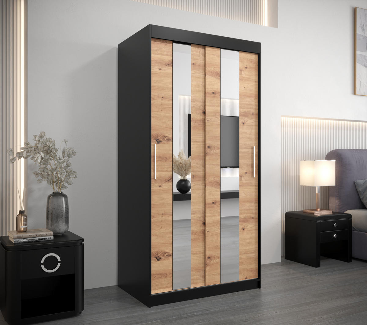 SCHWEBETÜRENSCHRANK 200/100/62 2-türig - Silberfarben/Schwarz, Holz/Kunststoff (100/200/62cm) - Abiks Möbel