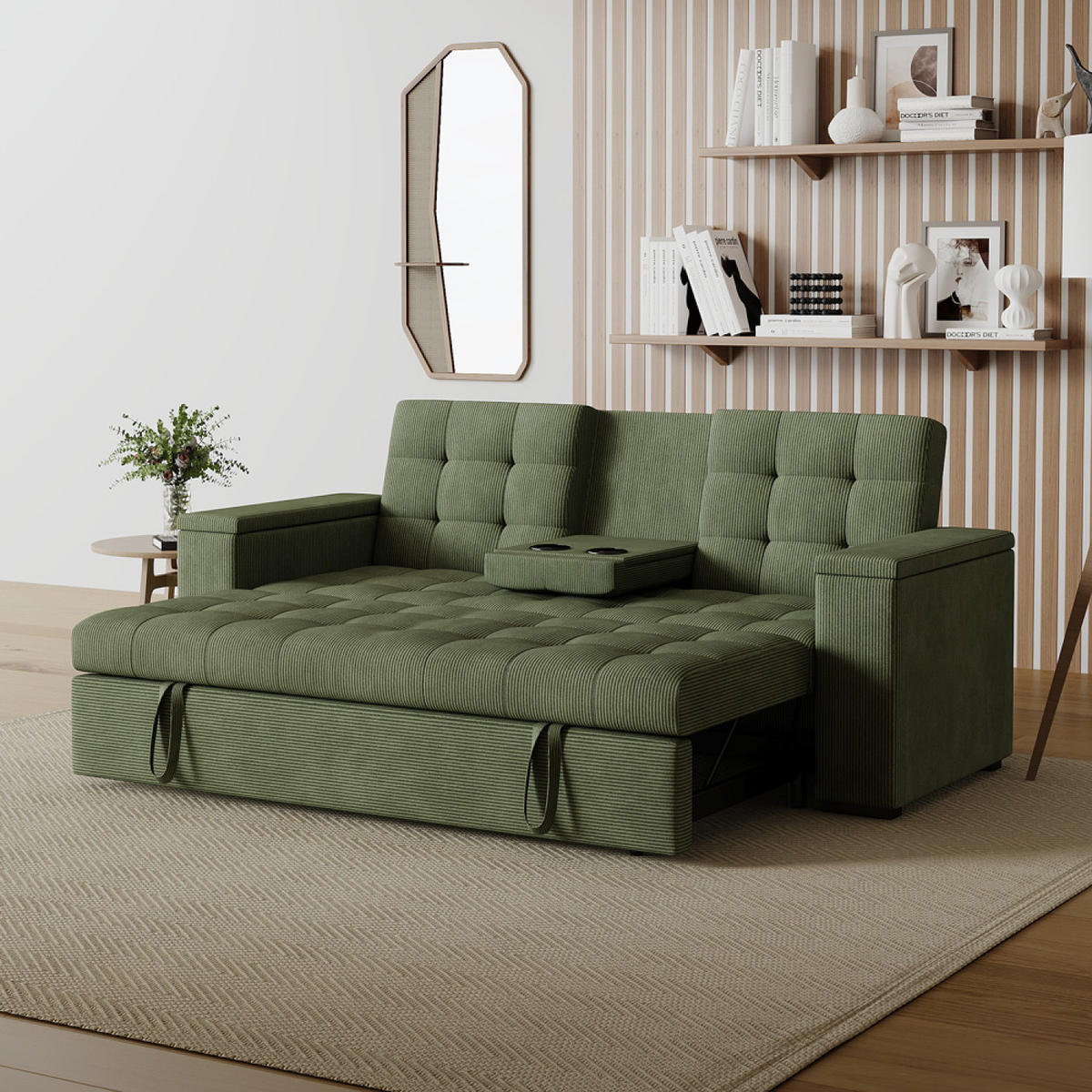 SCHLAFSOFA noho grün 3-sitzer cord - Grün, Holz (208/84/102cm) - Concept Usine