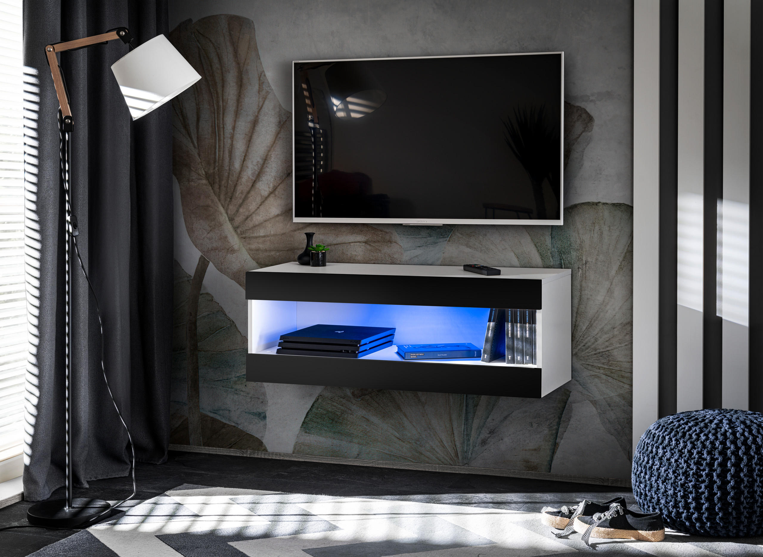 TV-ELEMENT TIVOLI RTV2-WHITE/BLACK+BLU Offener Raum Weiß Schwarz - Schwarz/Weiß, Holzwerkstoff/Kunststoff (100/36/35cm) - Komodee