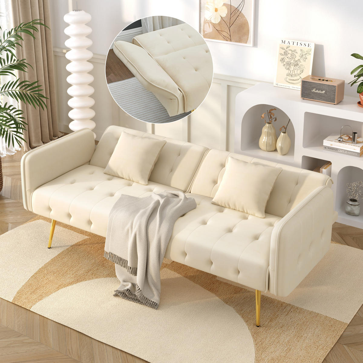 SOFABETT mit verstellbarer Rückenlehne 215 x 81,5 cm Velours Beige - Beige, Kunststoff (178/70/82cm) - Meubliv