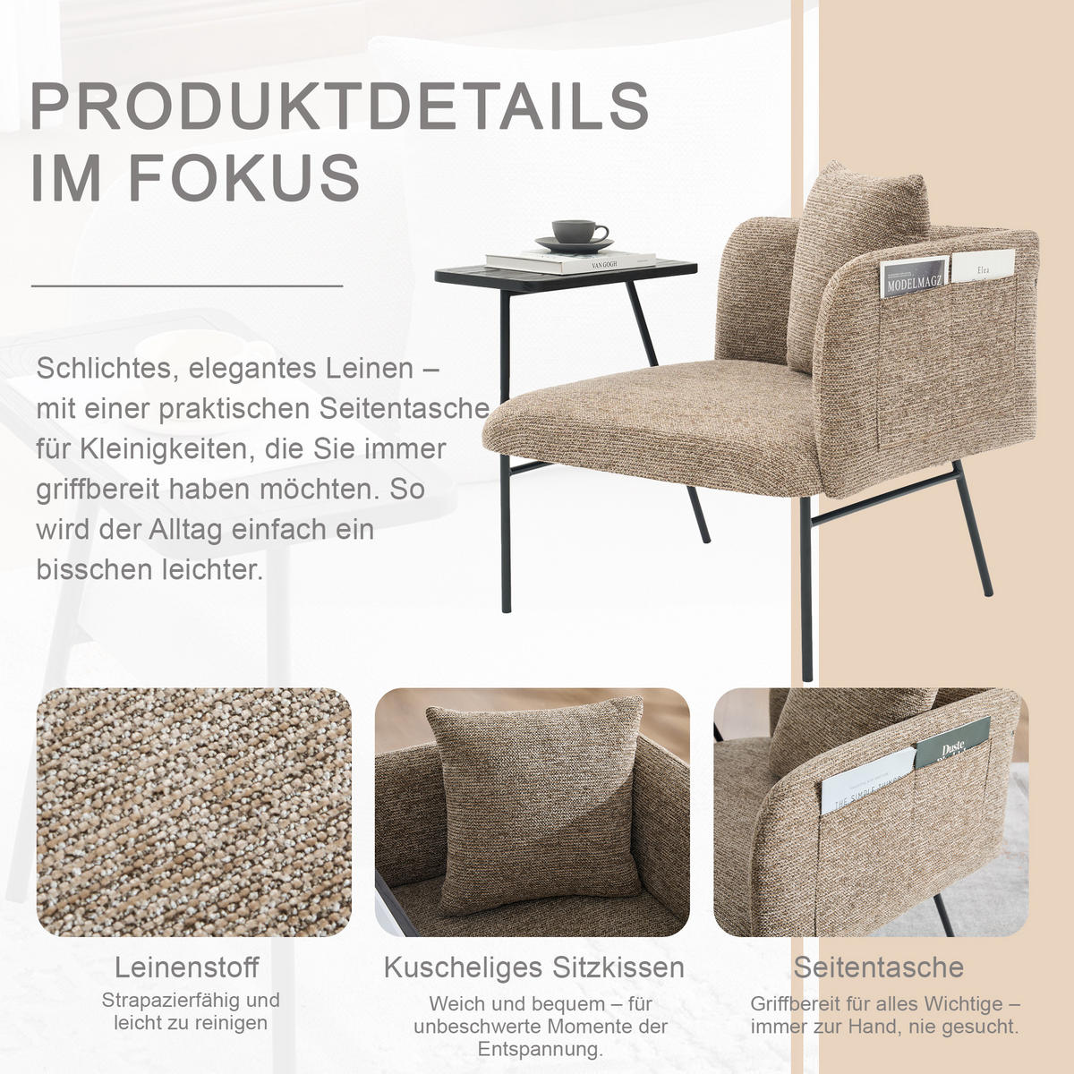 SESSEL Chenille Khaki mit Beistelltisch und Seitentaschen - Hellbraun, Textil/Metall (86/71/72cm) - WISHDOR