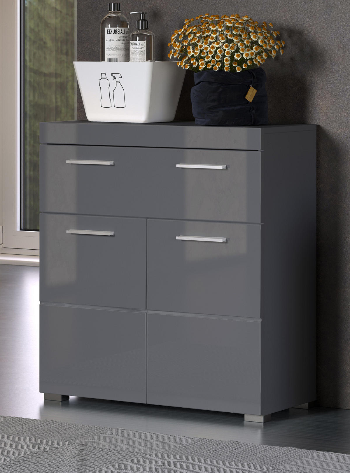 BADKOMMODE grau Hochglanz 73 x 79 cm, Badzimmer Kommode mit viel Stauraum - Grau, Holzwerkstoff/Kunststoff (73/79/31cm) - Top.Furn