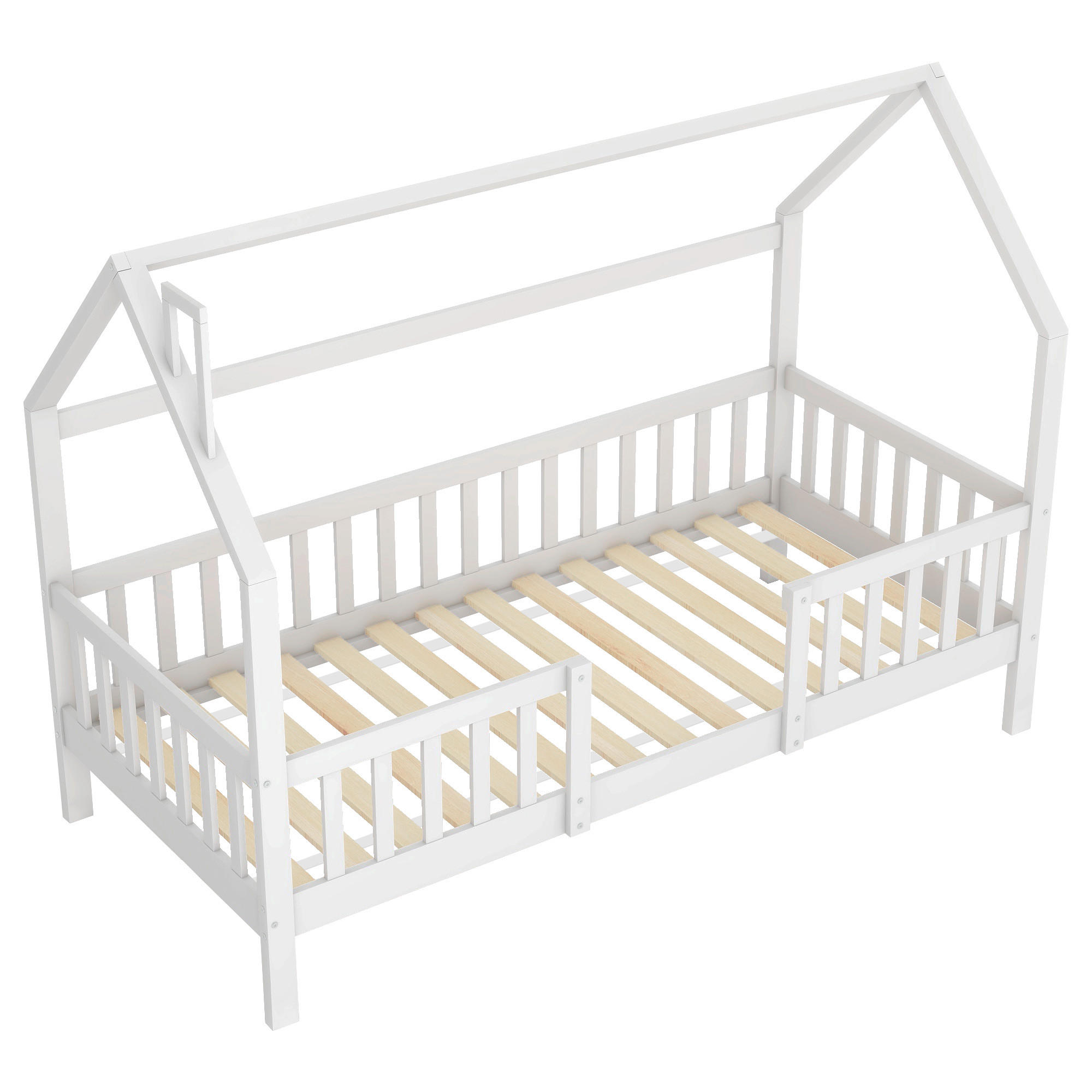 HAUSBETT 90/200 cm DE-02883, mit Schornheim und Dach, in Weiß - Weiß, Holz/Holzwerkstoff (90/200cm) - ComfortXL