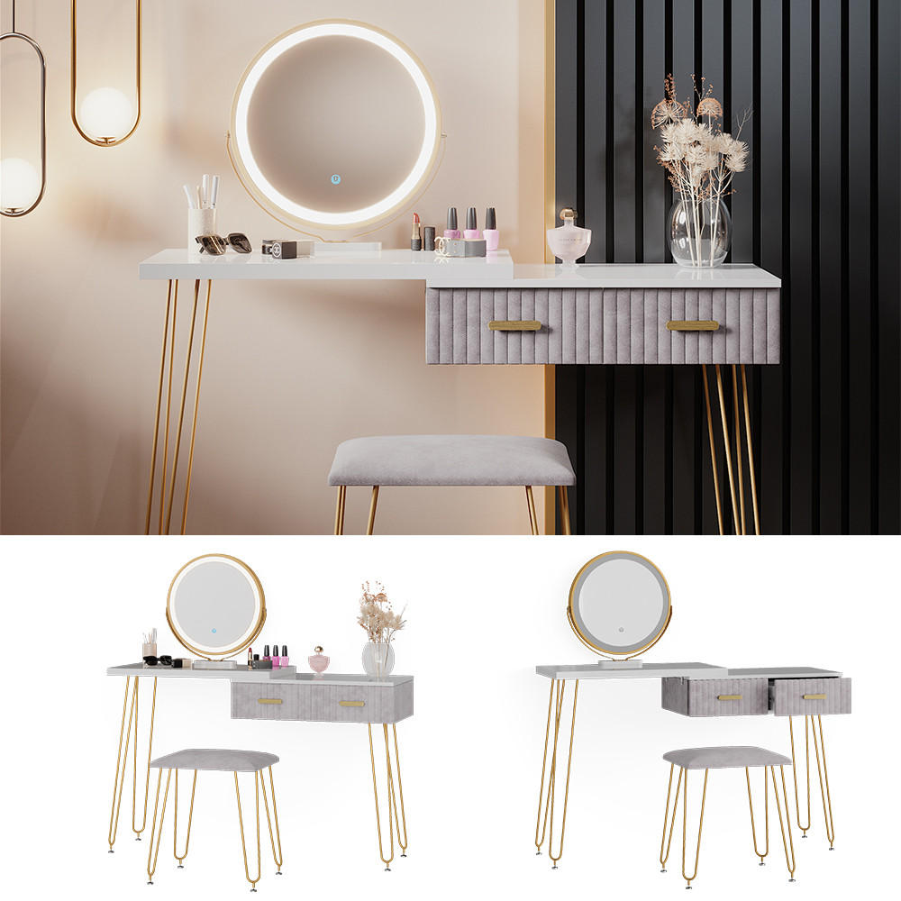 SCHMINKTISCH Zoey Grau 120 cm mit LED Beleuchtung und Hocker - Grau, Holzwerkstoff (120/76/37cm) - Vicco