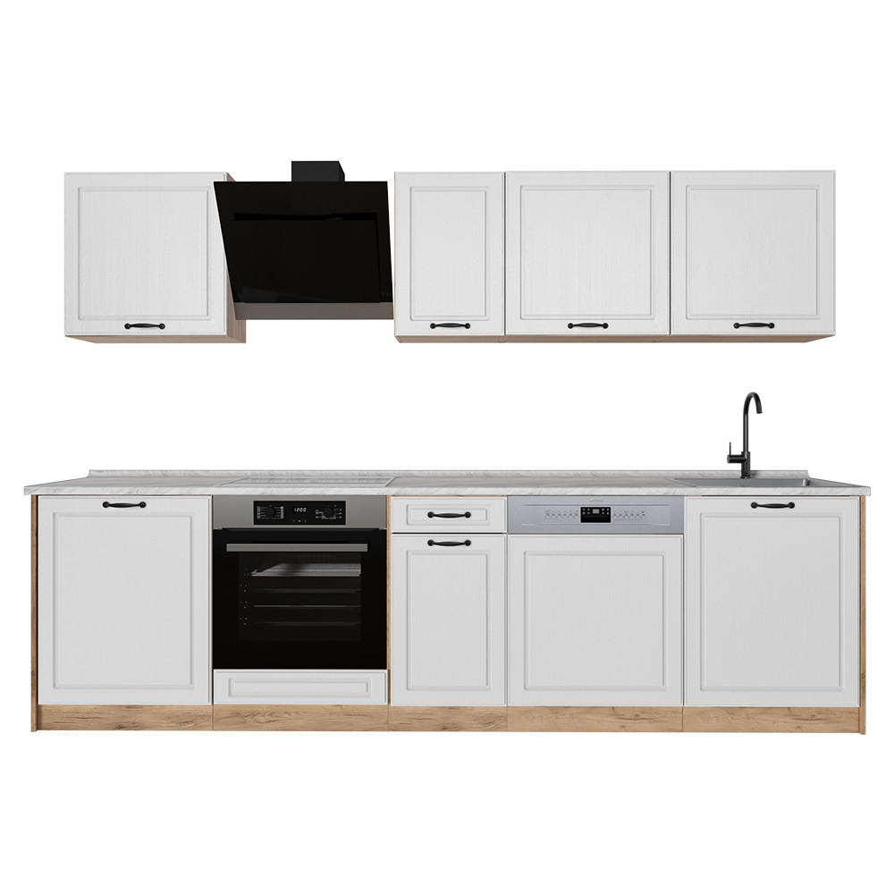 KUCHYNKA R-Line, Biely vidiecky dom/Dub Goldkraft, 280 cm Marmori työtaso - biela/dub medový, kompozitné drevo (280/206.8/60cm) - Vicco