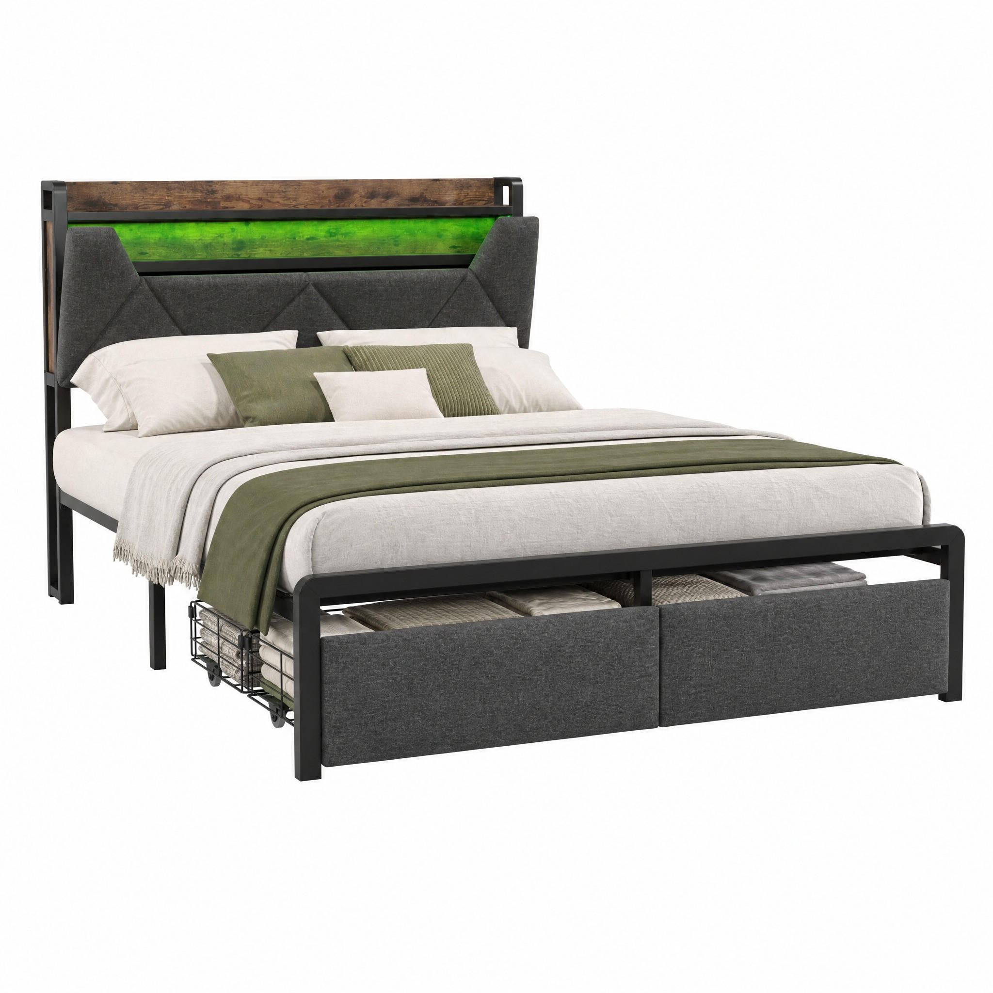 POLSTERBETT mit Stauraum, LED und USB 140x200 cm Leinen Grau mit Matratze - Grau, Metall (140/200cm) - Meubliv